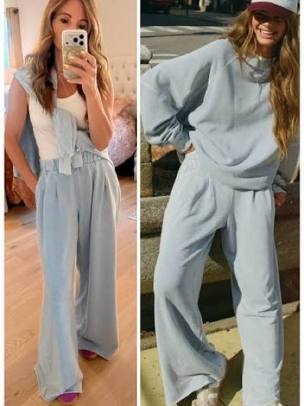 aerie long Relaxed Wide-Leg Pleated Trouser Sweatpants in blue- cloud wash